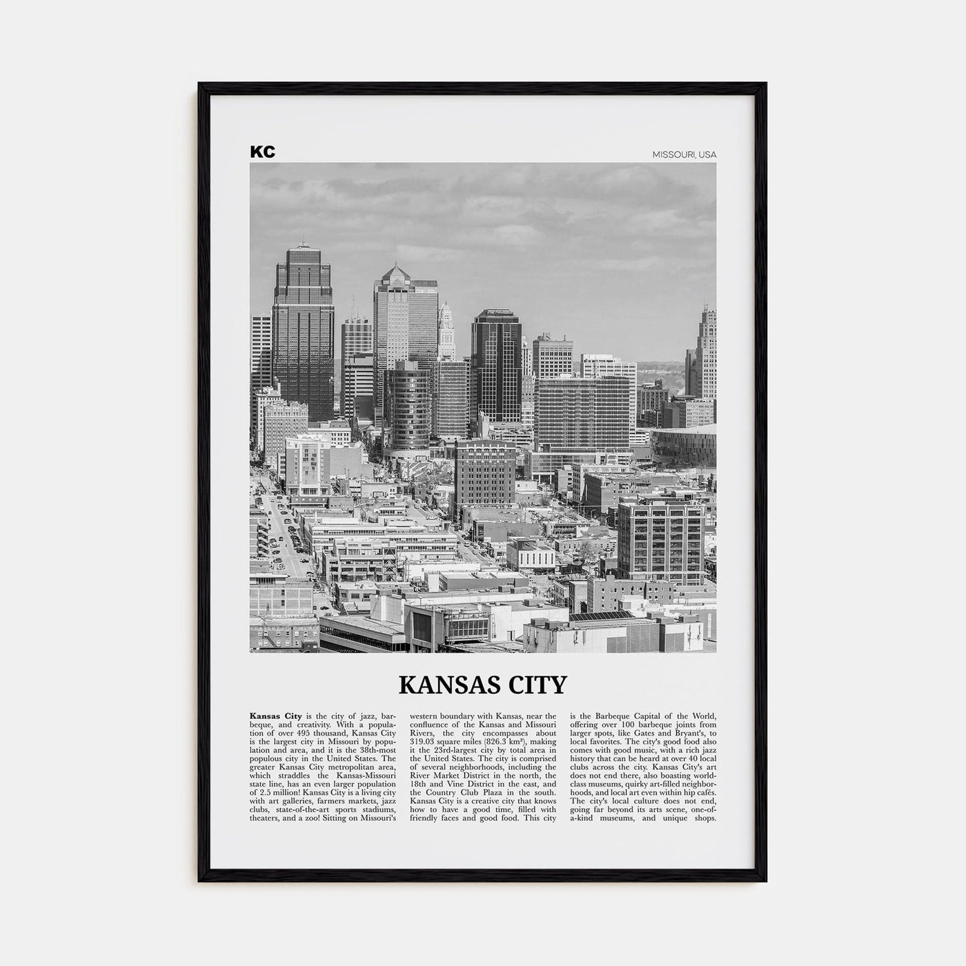 Kansas City No 1 Poster Black Wood / 8x12 in Nbourhood Travel B&W Poster