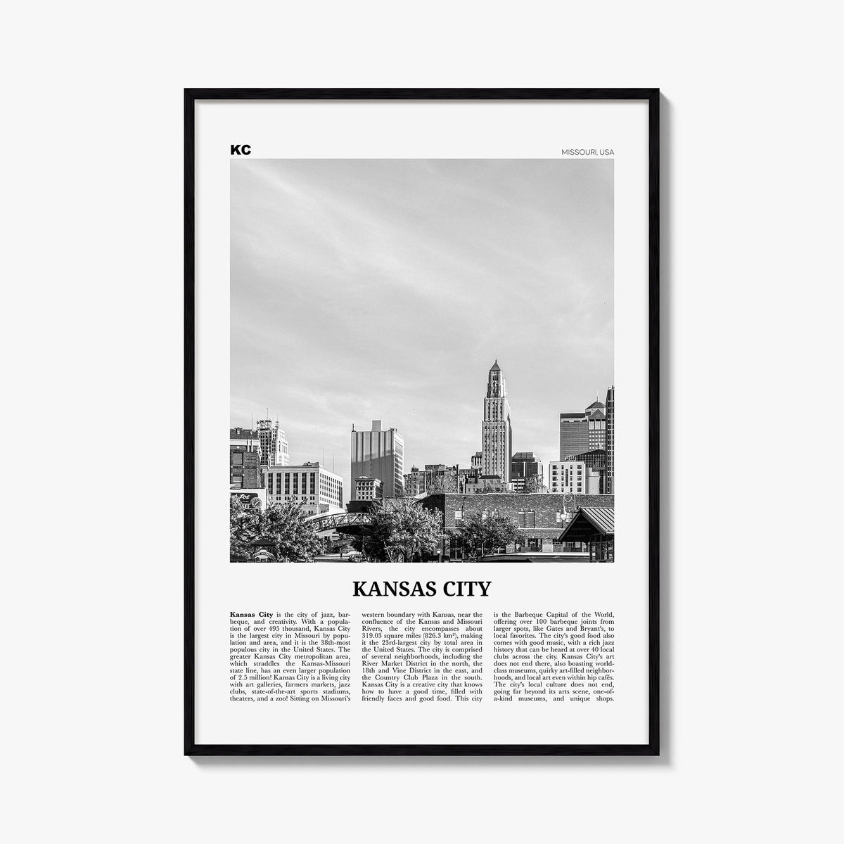Kansas City no. 2 black & white newspaper poster of Missouri, USA – vertical wall art, unframed print shown in interior mocku