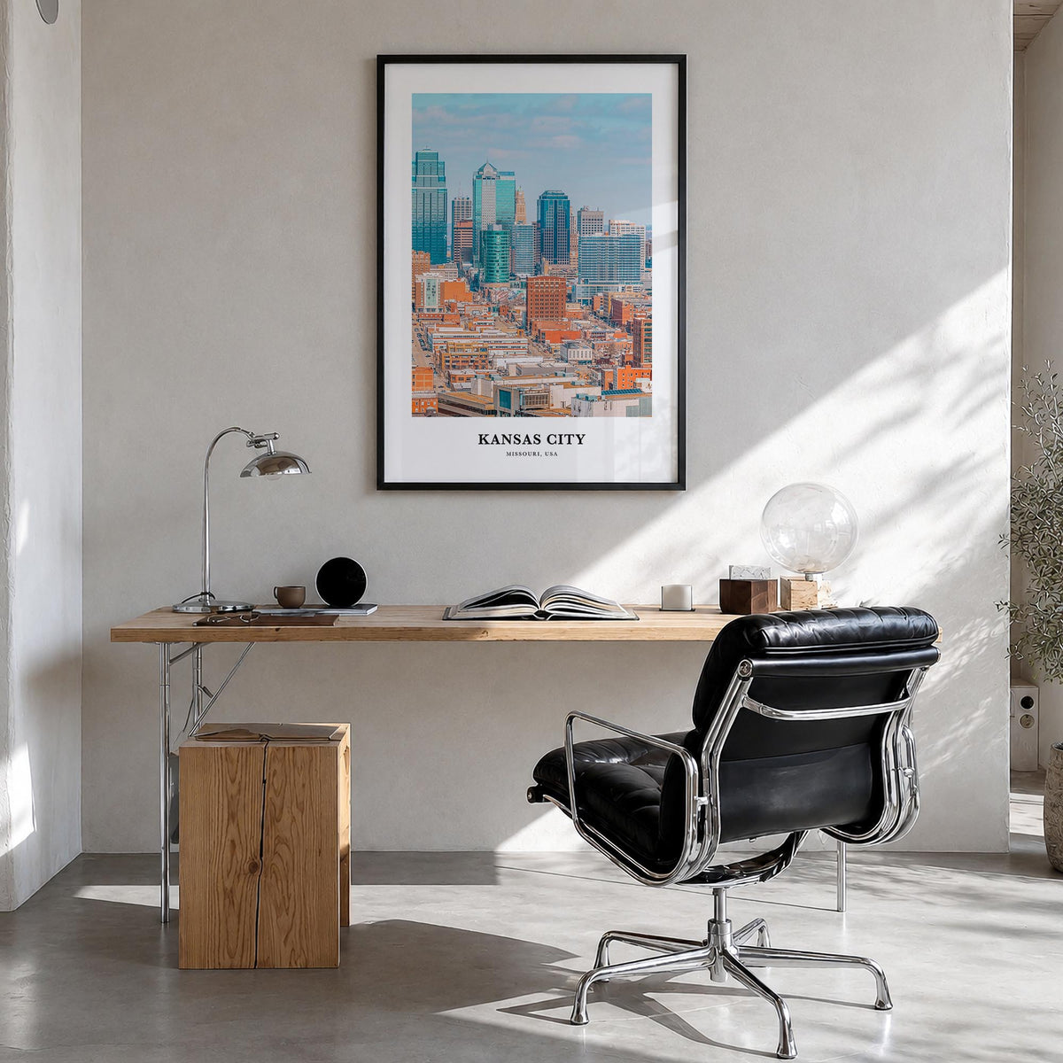 Kansas City no. 2 colorful classic poster of Missouri, USA – vertical wall art in black wood frame, hanging on wall