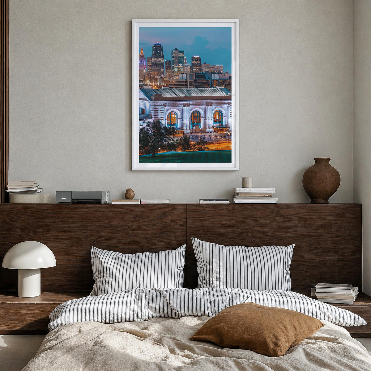 Kansas City no. 2 colorful photo poster of Missouri, USA – vertical wall art in white wood frame with white border, hanging o