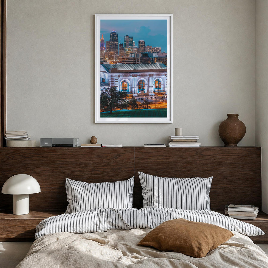 Kansas City no. 2 colorful photo poster of Missouri, USA – vertical wall art in white wood frame with white border, hanging o