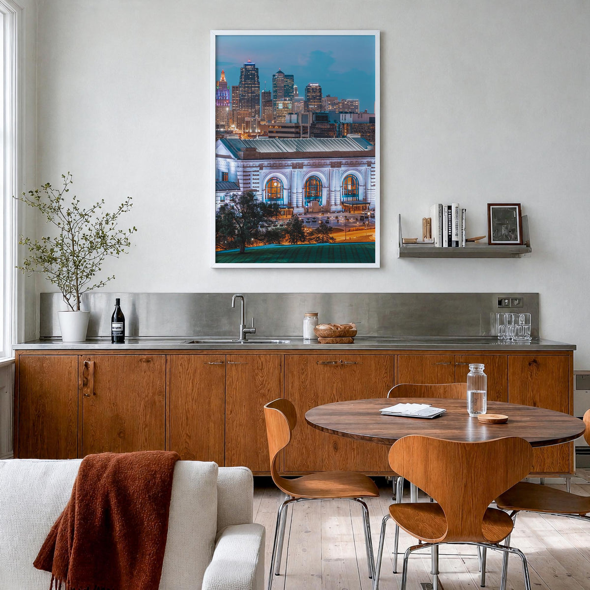 Kansas City no. 2 colorful photo poster of Missouri, USA – vertical wall art in white wood frame, hanging on wall