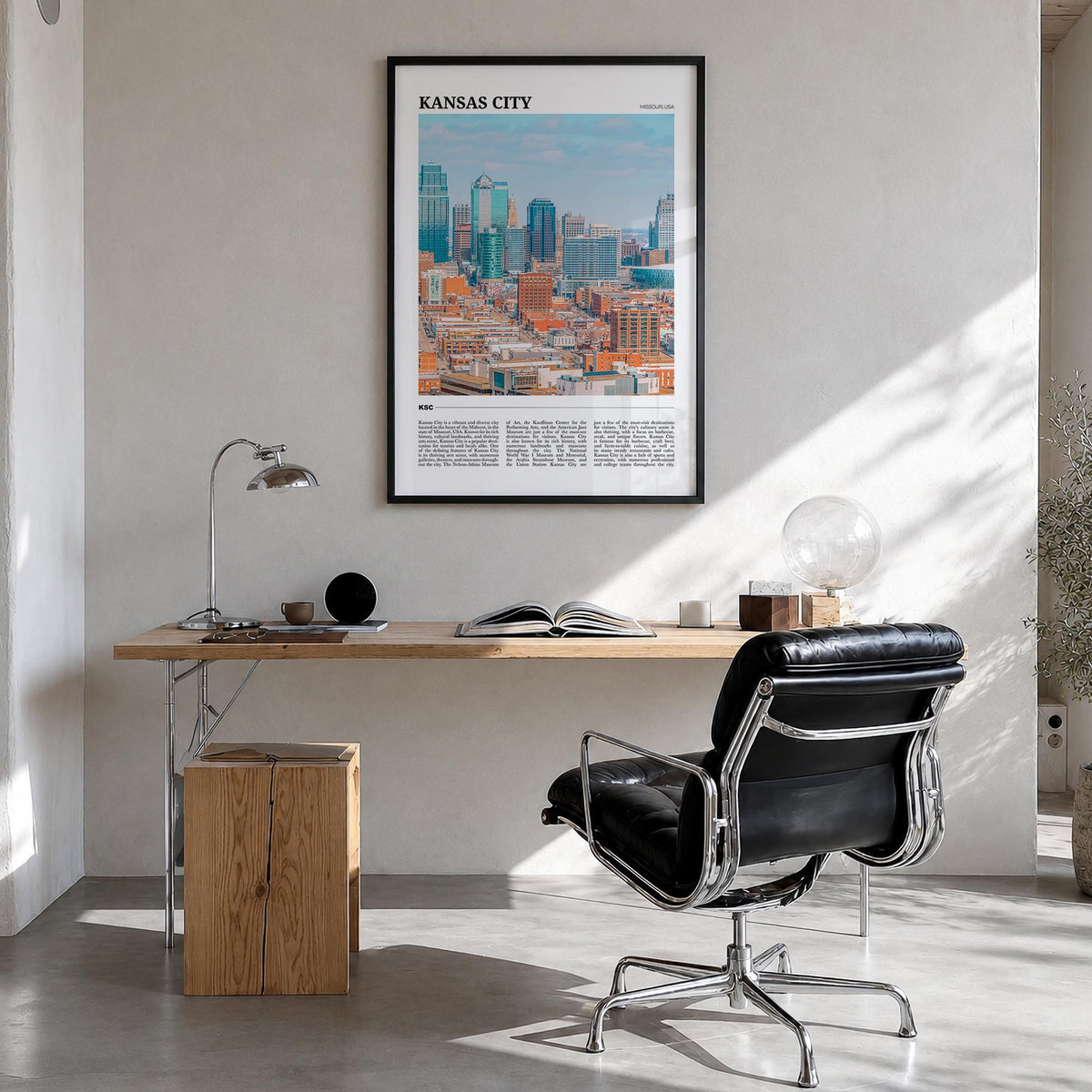 Kansas City no. 2 colorful travel poster of Missouri, USA – vertical wall art in black wood frame, hanging on wall