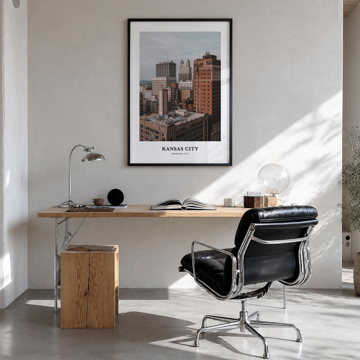 Kansas City no. 3 colorful classic poster of Missouri, USA – vertical wall art in black wood frame, hanging on wall