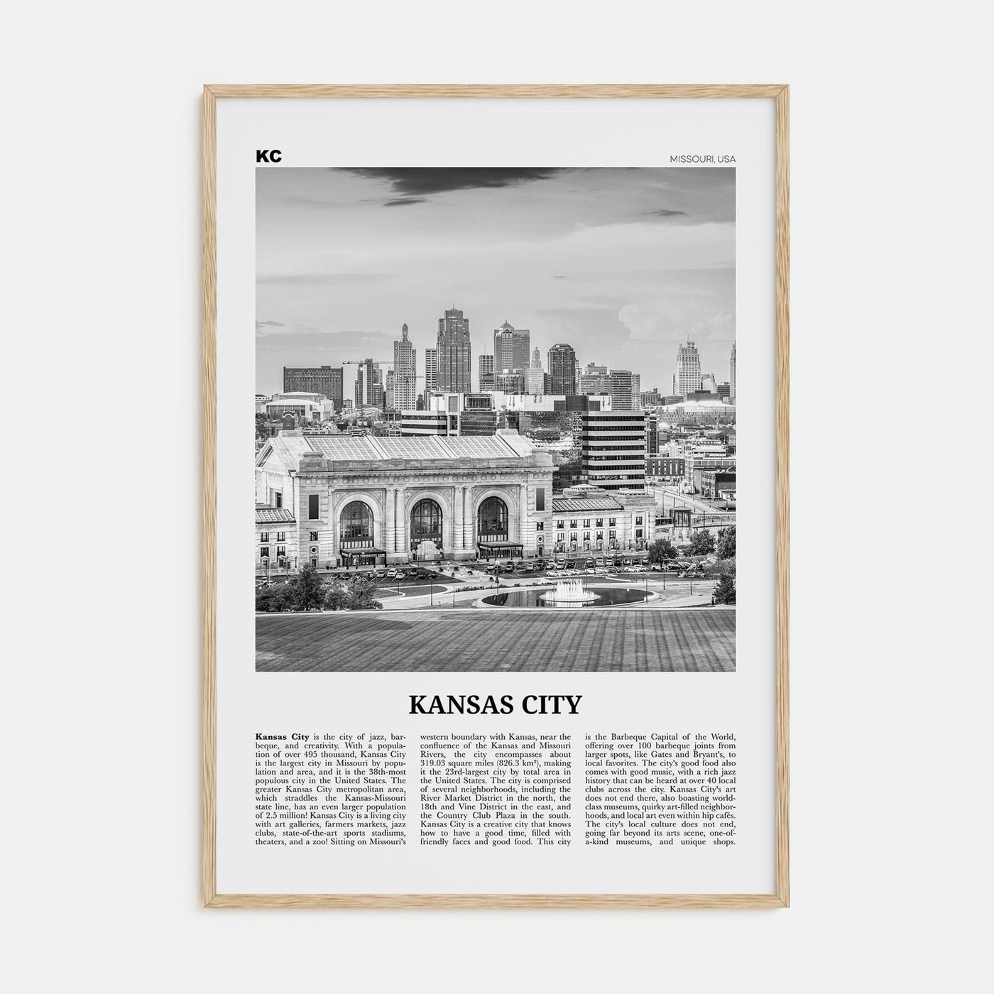 Kansas City No 3 Poster Natural Wood / 8x12 in Nbourhood Travel B&W Poster