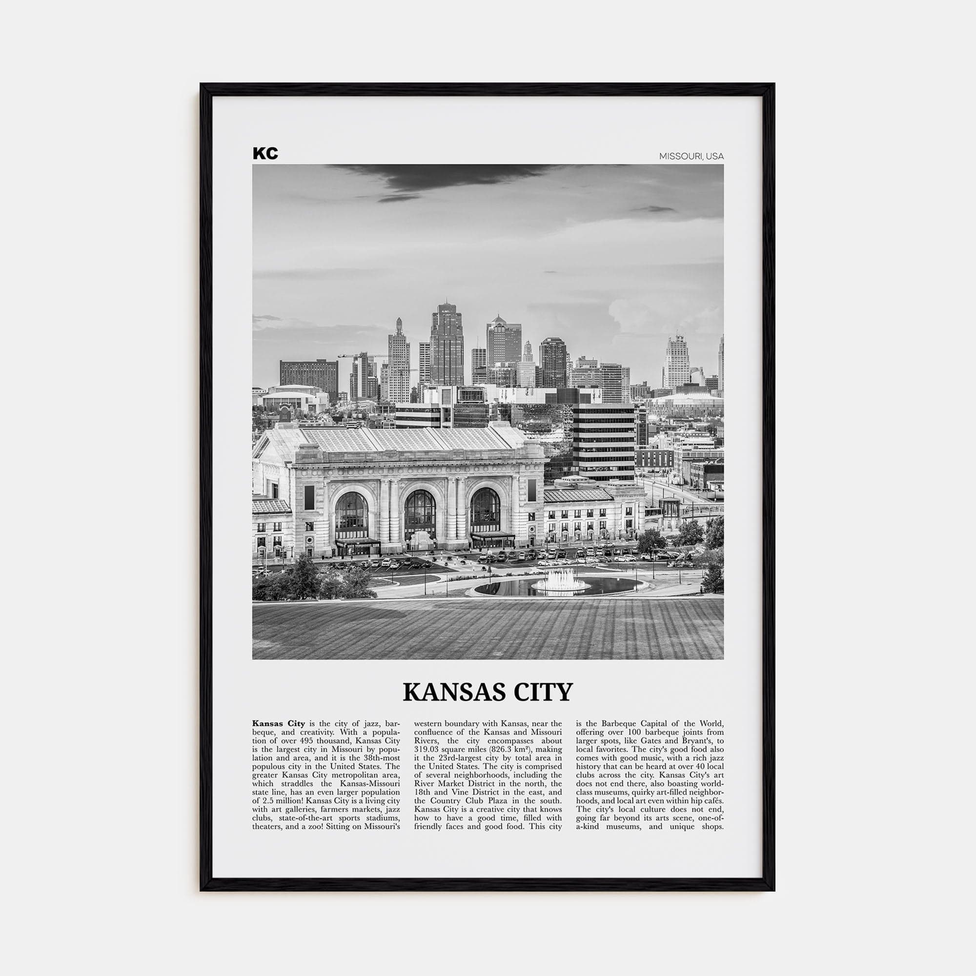 Kansas City No 3 Poster Black Wood / 8x12 in Nbourhood Travel B&W Poster