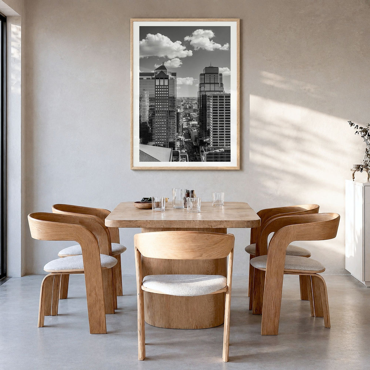 Kansas City, Missouri Photo No 2 Poster in a natural wood frame, hanging in a dining room, white border