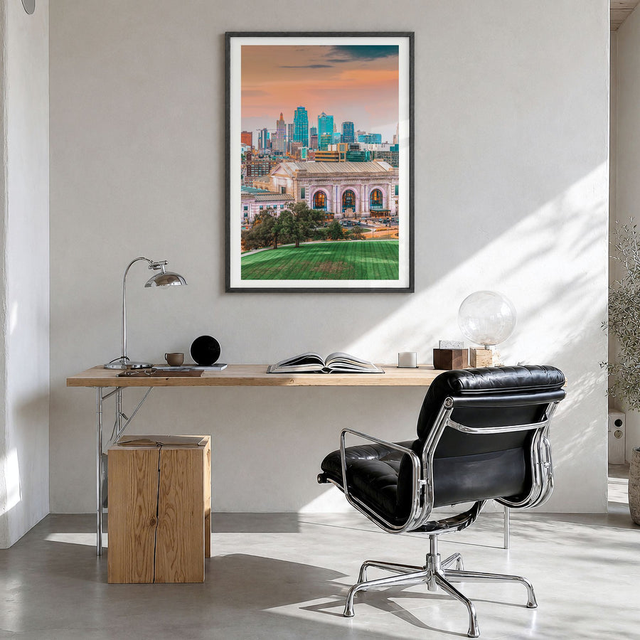 Kansas City, Missouri Photo No 1 Poster in a black wood frame, hanging in a bright home office, white border