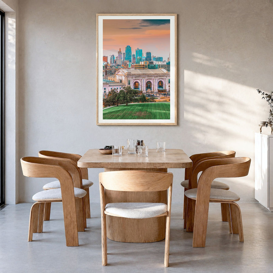 Kansas City, Missouri Photo No 1 Poster in a natural wood frame, hanging in a dining room, white border