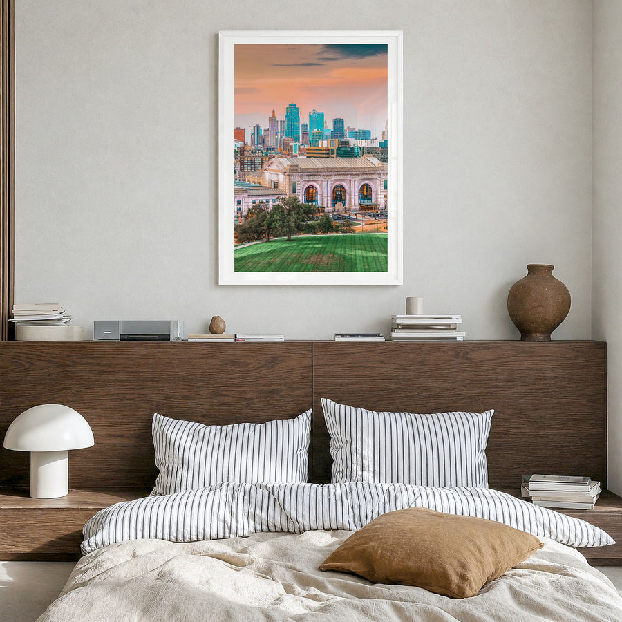 Kansas City, Missouri Photo No 1 Poster in a white wood frame, hanging in a bedroom, white border