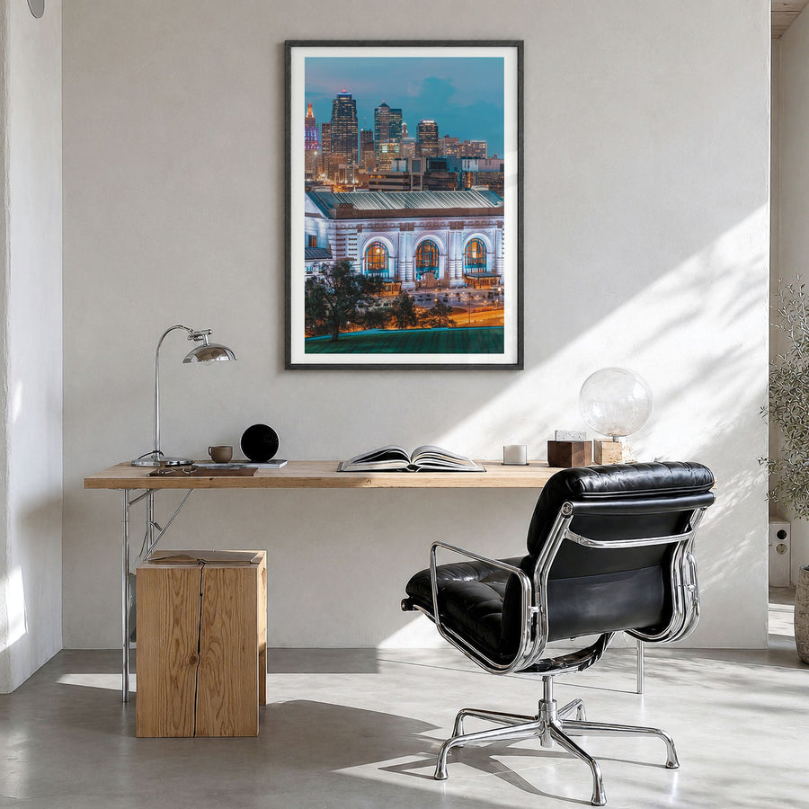 Kansas City, Missouri Photo No 2 Poster in a black wood frame, hanging in a bright home office, white border