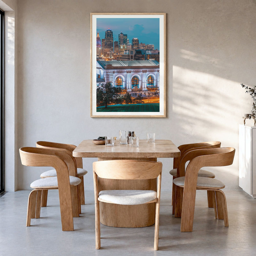 Kansas City, Missouri Photo No 2 Poster in a natural wood frame, hanging in a dining room, white border
