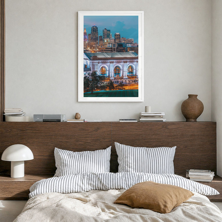 Kansas City, Missouri Photo No 2 Poster in a white wood frame, hanging in a bedroom, white border