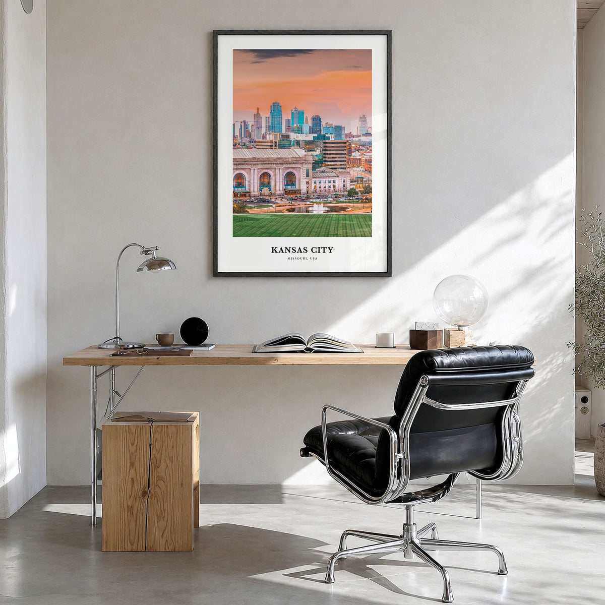Kansas City, Missouri Classic No 1 Poster in a black wood frame, hanging in a bright home office