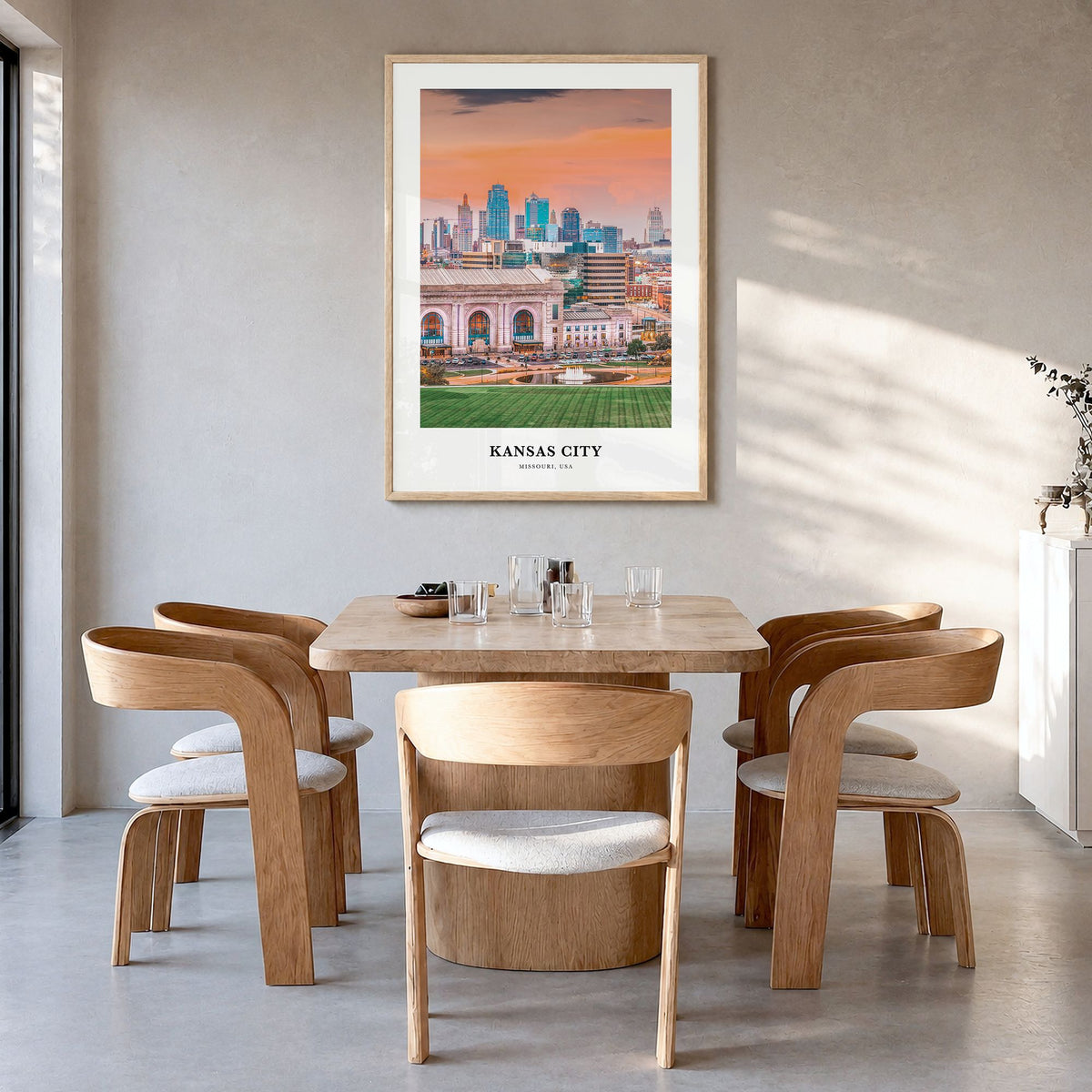 Kansas City, Missouri Classic No 1 Poster in a natural wood frame, hanging in a dining room