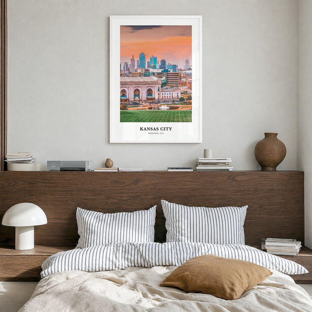 Kansas City, Missouri Classic No 1 Poster in a white wood frame, hanging in a bedroom