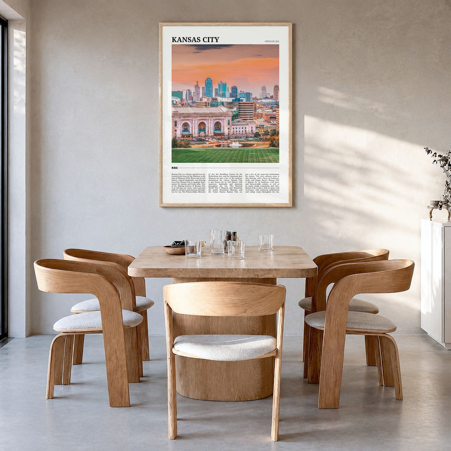Kansas City, Missouri Travel No 1 Poster in a natural wood frame, hanging in a dining room