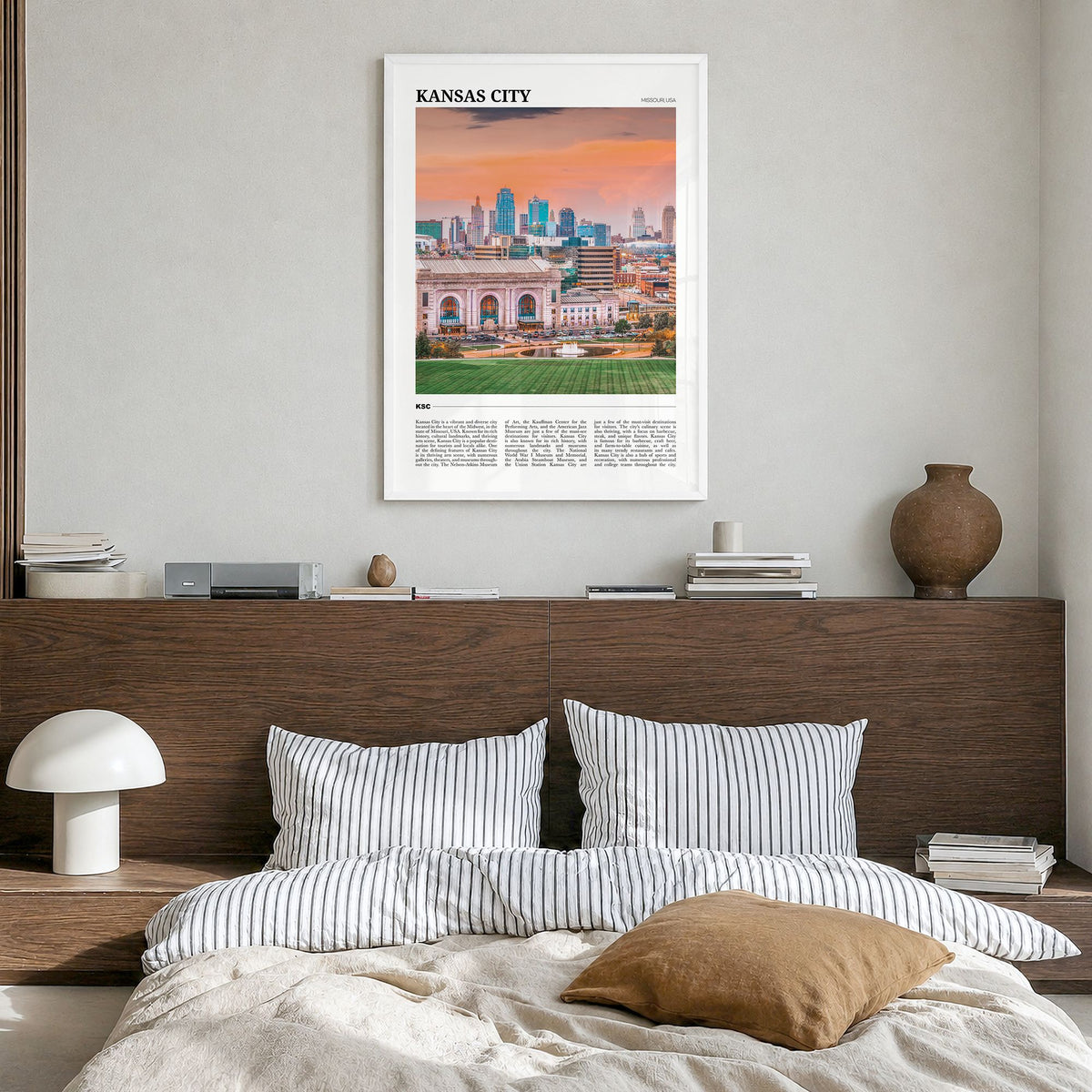 Kansas City, Missouri Travel No 1 Poster in a white wood frame, hanging in a bedroom