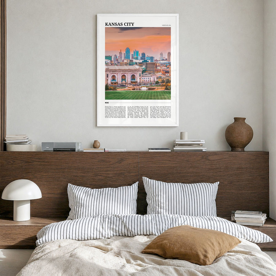 Kansas City, Missouri Travel No 1 Poster in a white wood frame, hanging in a bedroom