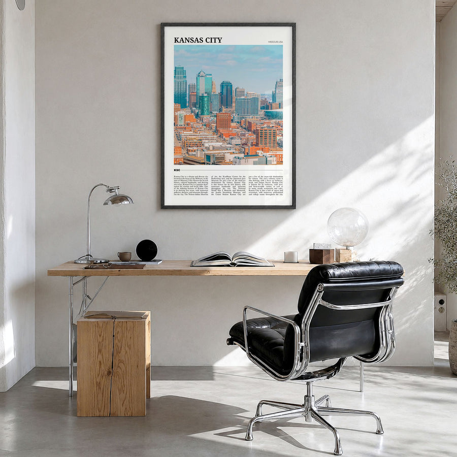 Kansas City, Missouri Travel No 2 Poster in a black wood frame, hanging in a bright home office