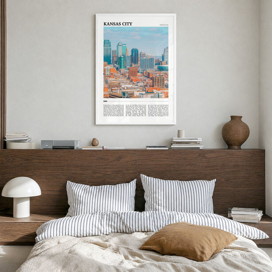 Kansas City, Missouri Travel No 2 Poster in a white wood frame, hanging in a bedroom