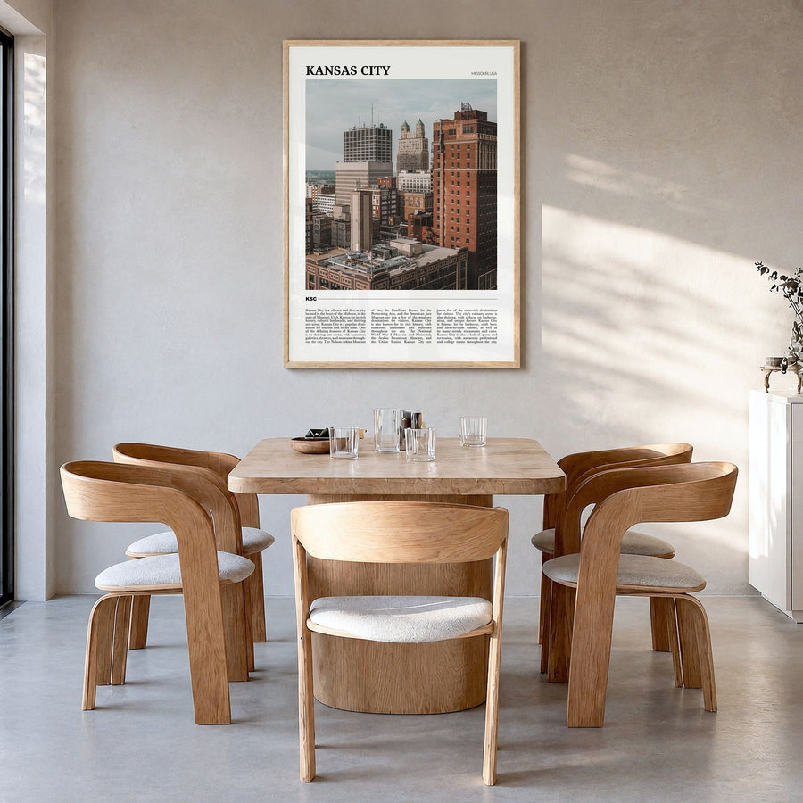 Kansas City, Missouri Travel No 3 Poster in a natural wood frame, hanging in a dining room