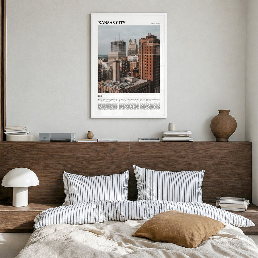 Kansas City, Missouri Travel No 3 Poster in a white wood frame, hanging in a bedroom