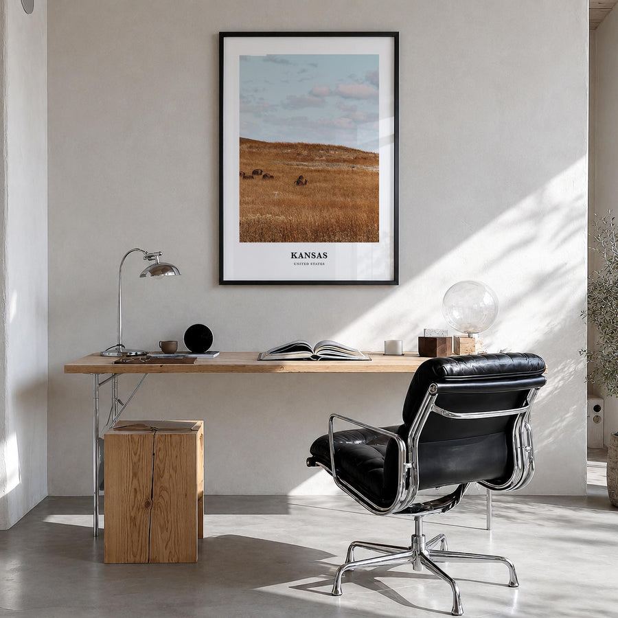 Kansas colorful classic poster of United States – vertical wall art in black wood frame, hanging on wall