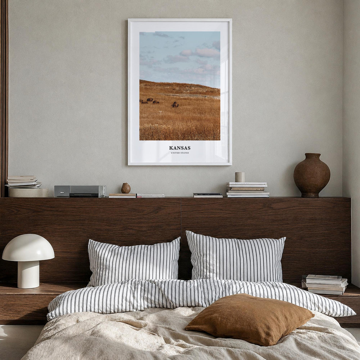 Kansas colorful classic poster of United States – vertical wall art in white wood frame, hanging on wall