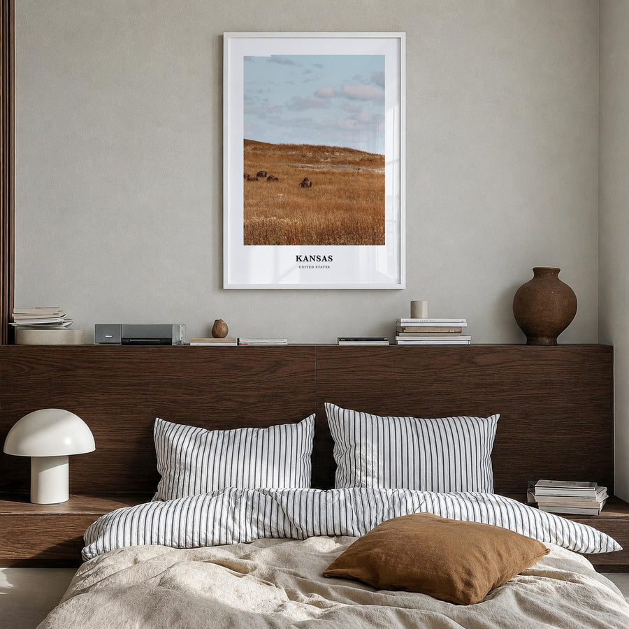 Kansas colorful classic poster of United States – vertical wall art in white wood frame, hanging on wall