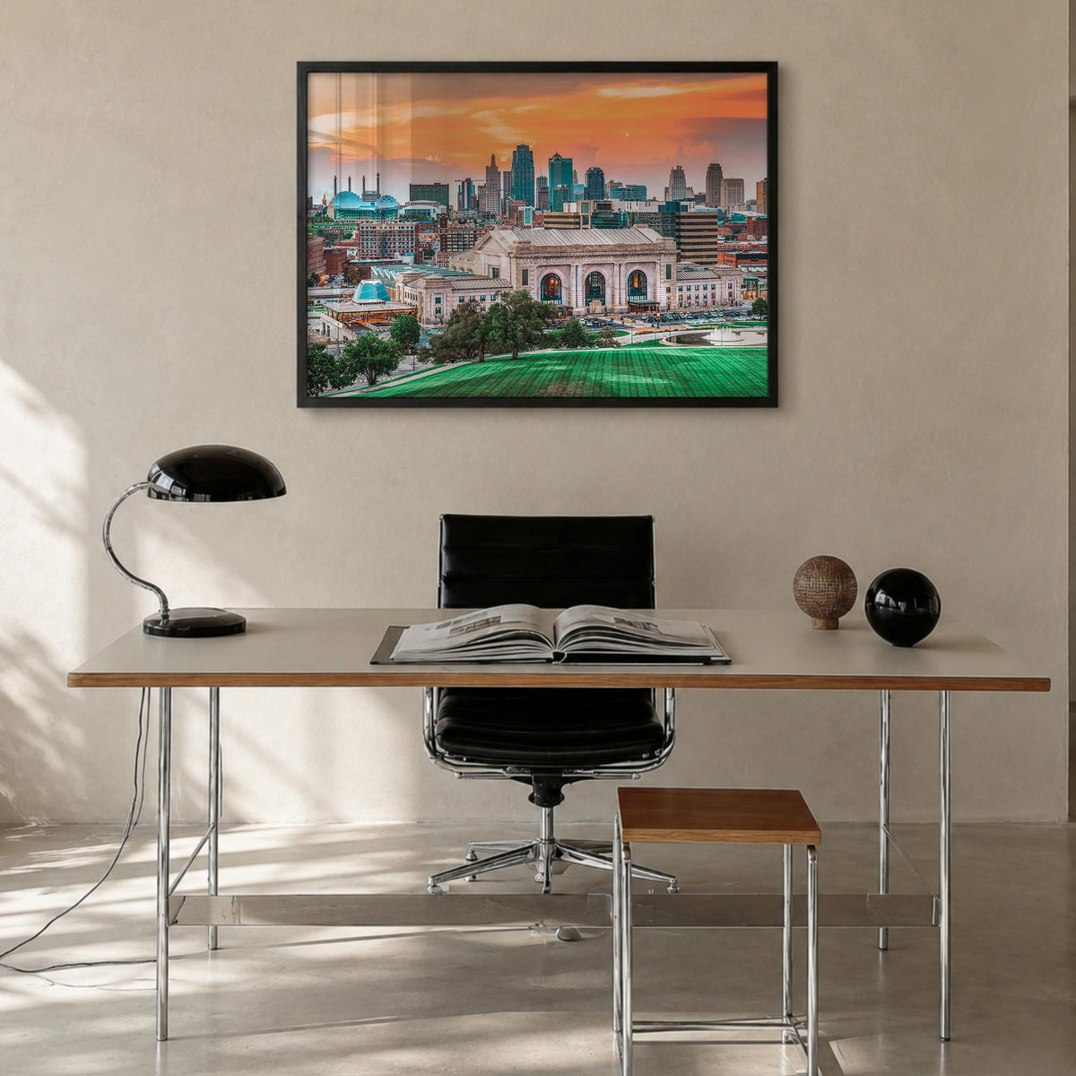 Kansas colorful photo poster of United States – horizontal wall art in black wood frame, hanging on wall