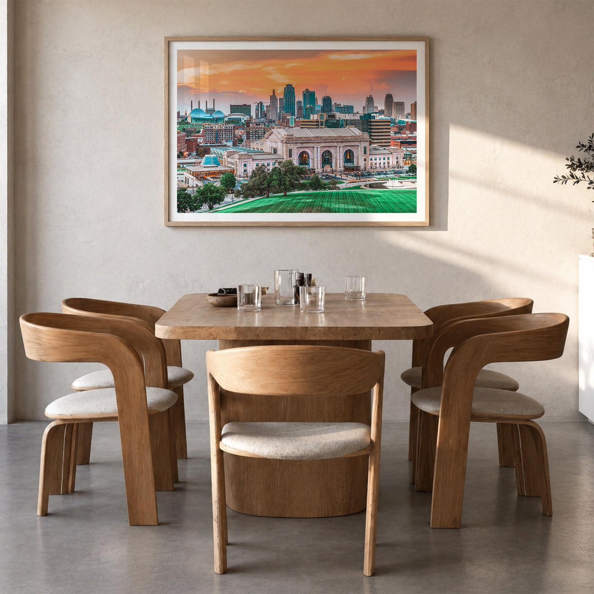 Kansas colorful photo poster of United States – horizontal wall art in natural wood frame with white border, hanging on wall