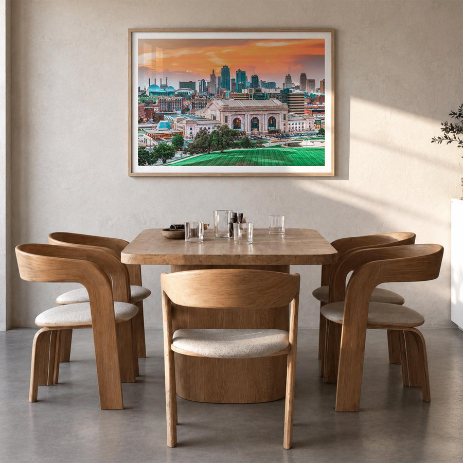 Kansas colorful photo poster of United States – horizontal wall art in natural wood frame with white border, hanging on wall