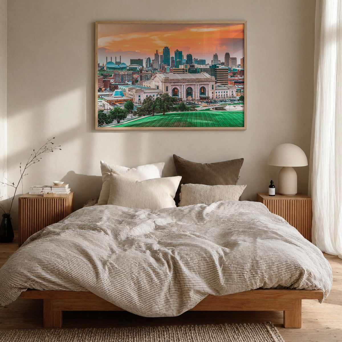Kansas colorful photo poster of United States – horizontal wall art in natural wood frame, hanging on wall