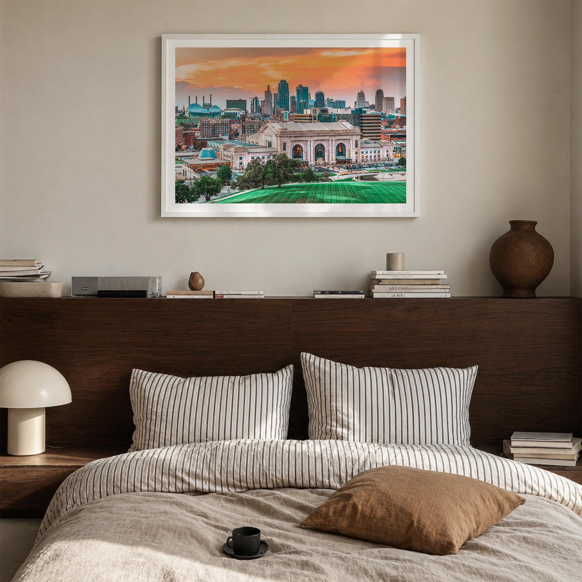 Kansas colorful photo poster of United States – horizontal wall art in white wood frame with white border, hanging on wall