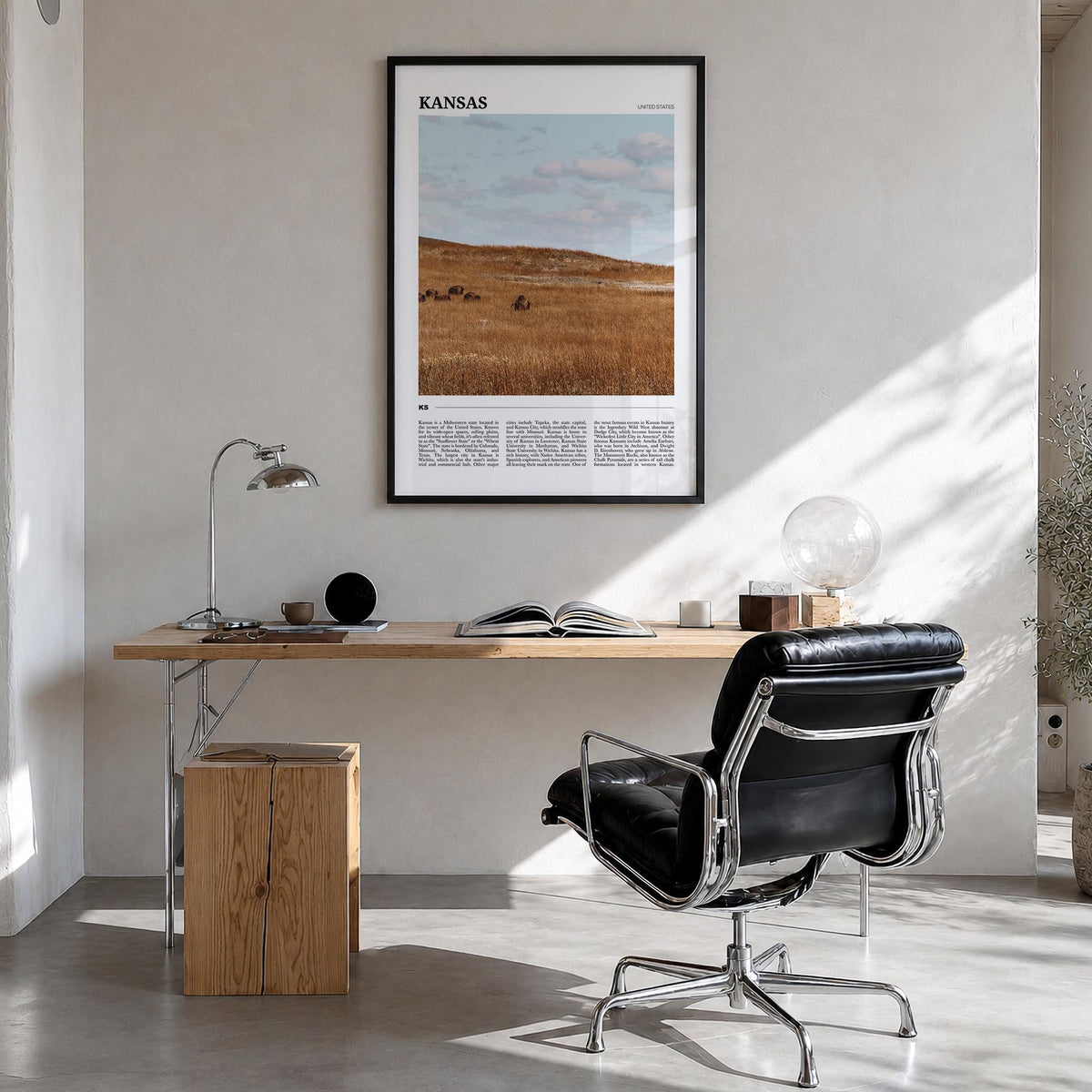 Kansas colorful travel poster of United States – vertical wall art in black wood frame, hanging on wall