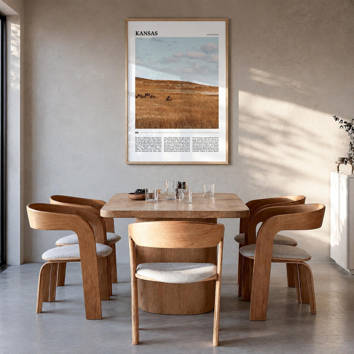Kansas colorful travel poster of United States – vertical wall art in natural wood frame, hanging on wall