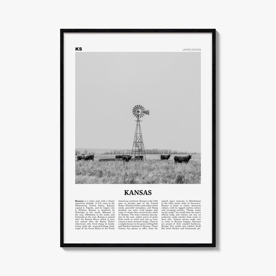 Kansas no. 1 black & white newspaper poster of United States – vertical wall art, unframed print shown in interior mockup