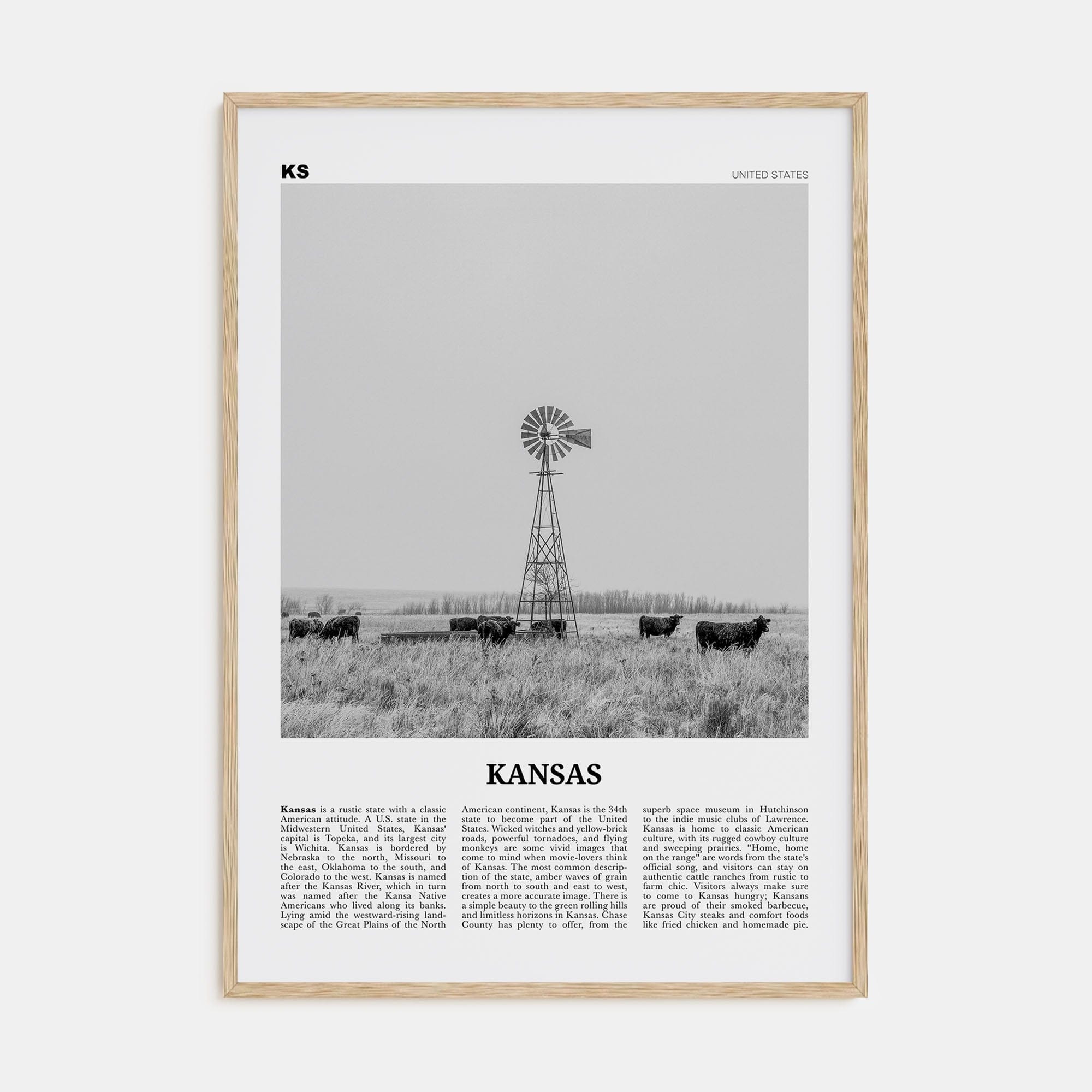 Kansas No 1 Poster Natural Wood / 8x12 in Nbourhood Travel B&W Poster