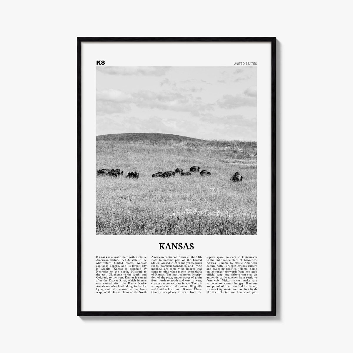 Kansas no. 2 black & white newspaper poster of United States – vertical wall art, unframed print shown in interior mockup