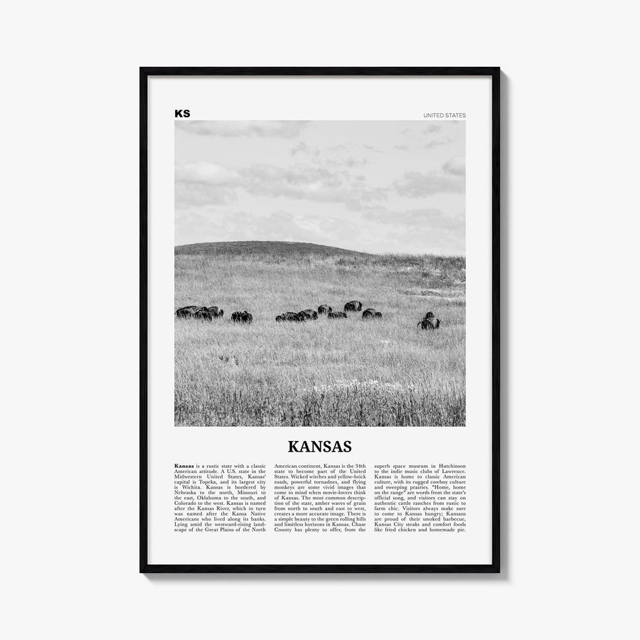 Kansas no. 2 black & white newspaper poster of United States – vertical wall art, unframed print shown in interior mockup