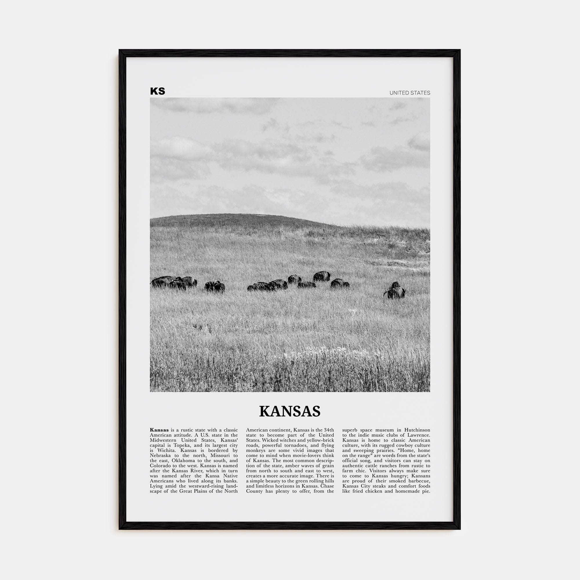 Kansas No 2 Poster Black Wood / 8x12 in Nbourhood Travel B&W Poster