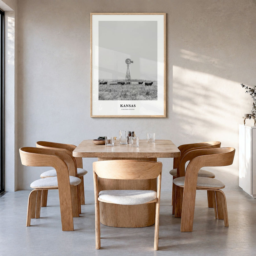 Kansas Classic Poster in a natural wood frame, hanging in a dining room