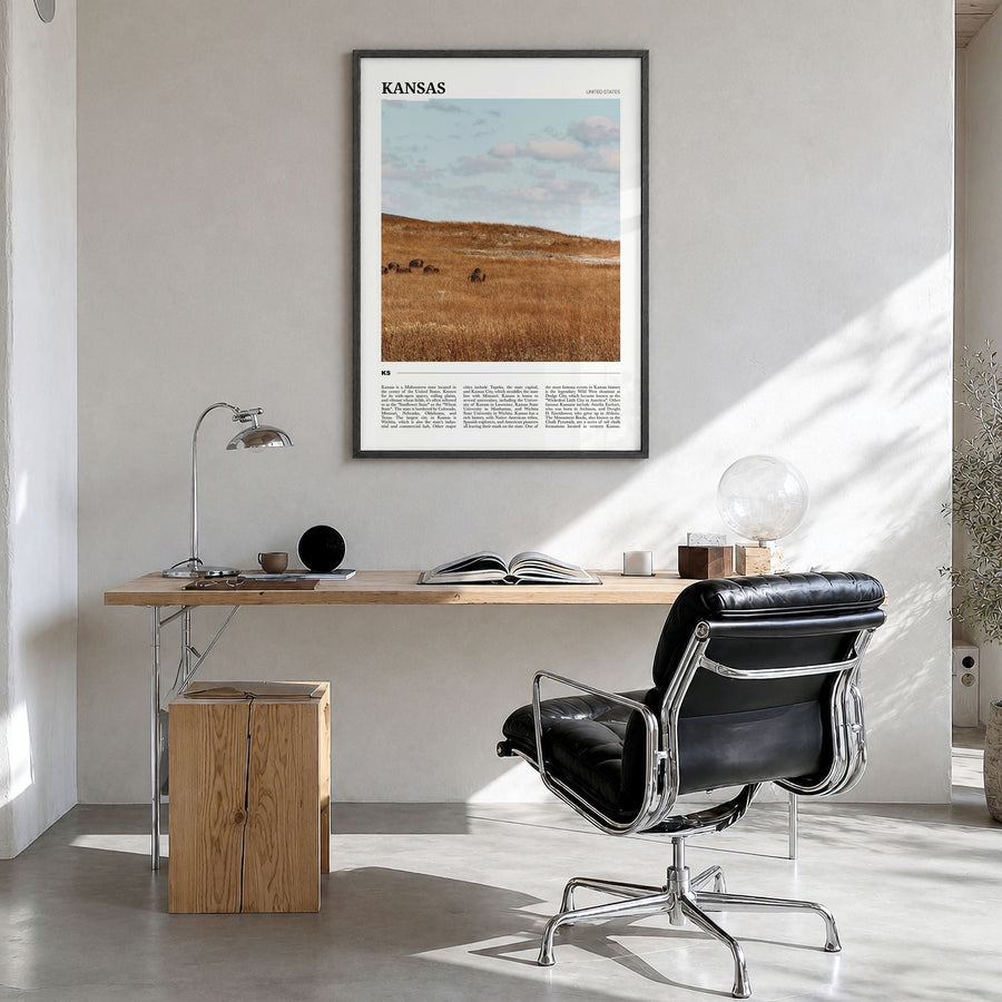Kansas Travel Poster in a black wood frame, hanging in a bright home office