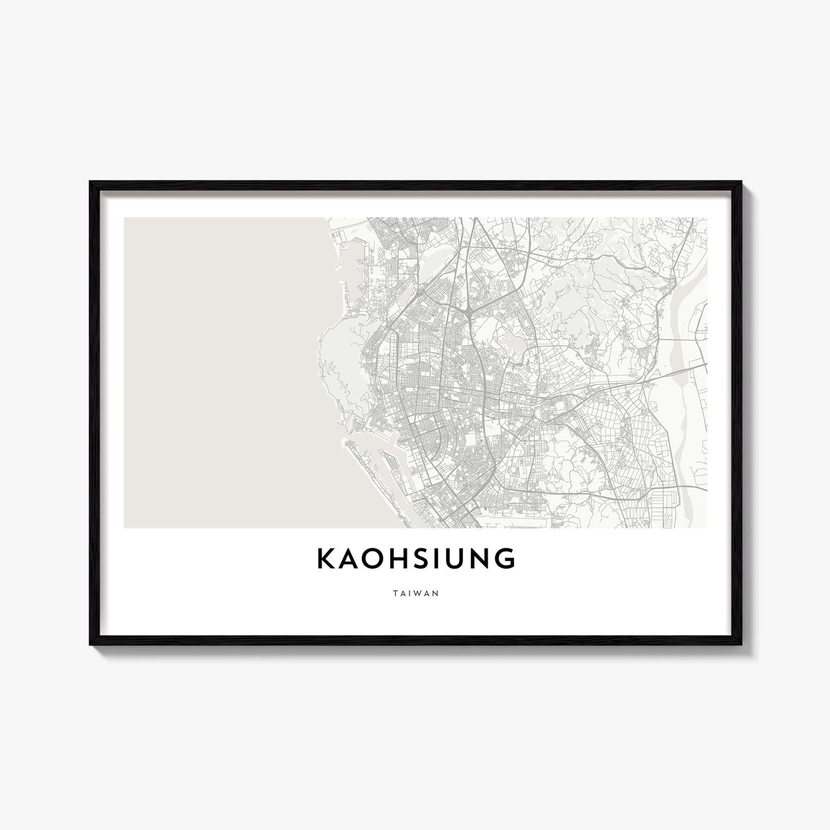 Kaohsiung black & white map poster of Taiwan – horizontal wall art, unframed print shown in interior mockup