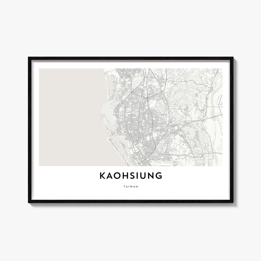Kaohsiung black & white map poster of Taiwan – horizontal wall art, unframed print shown in interior mockup