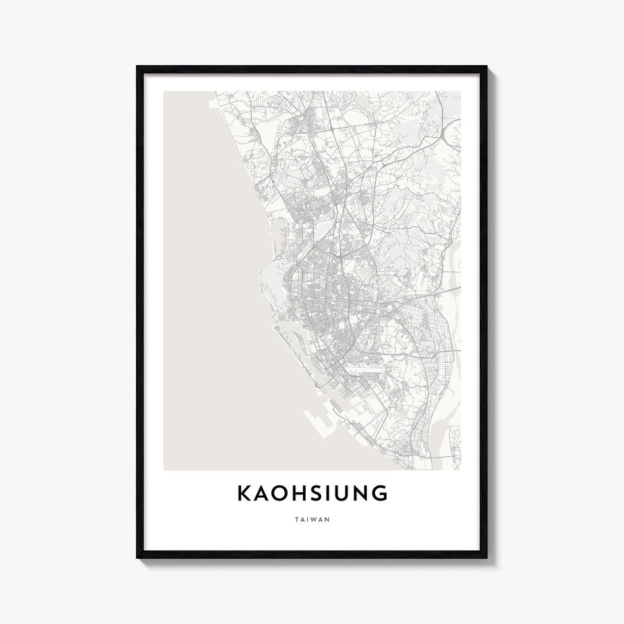 Kaohsiung black & white map poster of Taiwan – vertical wall art, unframed print shown in interior mockup