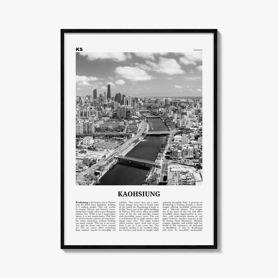 Kaohsiung black & white newspaper poster of Taiwan – vertical wall art, unframed print shown in interior mockup