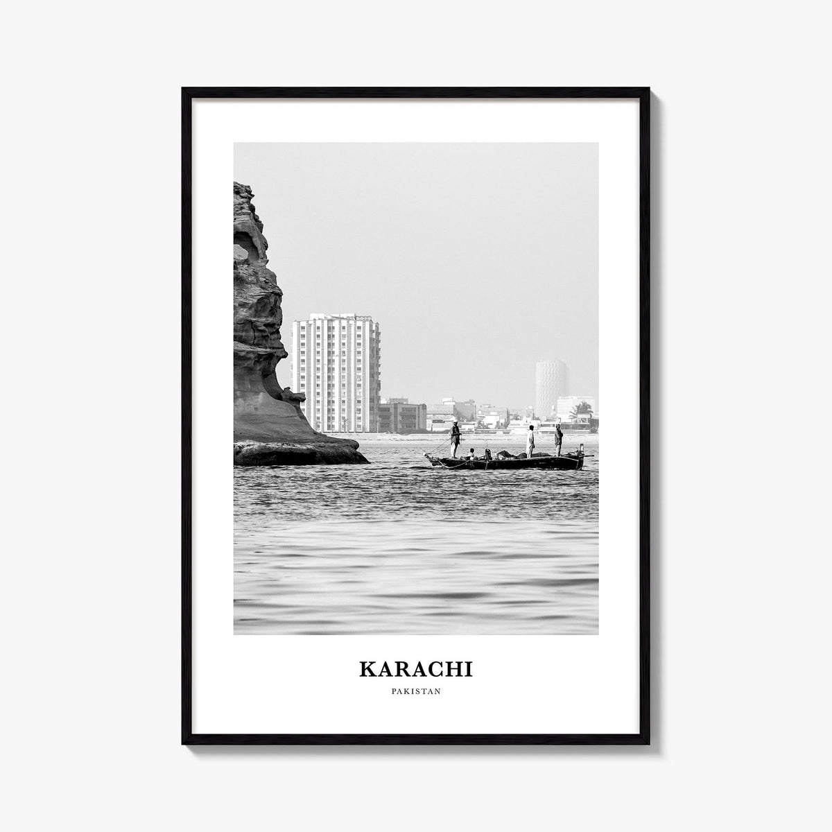 Karachi black & white classic poster of Pakistan – vertical wall art, unframed print shown in interior mockup