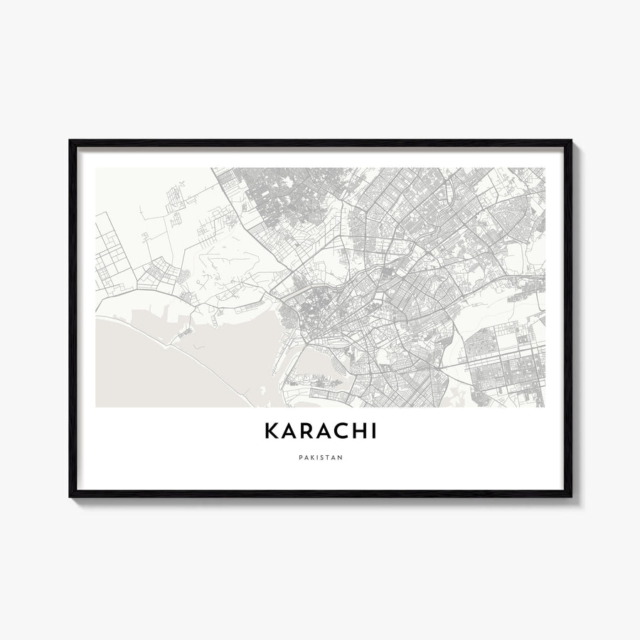 Karachi black & white map poster of Pakistan – horizontal wall art, unframed print shown in interior mockup